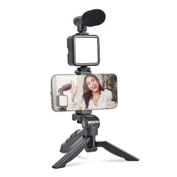 6054 Vlogging Kit for Video Making with Mic Mini Tripod Stand, LED Light & Phone Holder Clip for Making Videos DeoDap