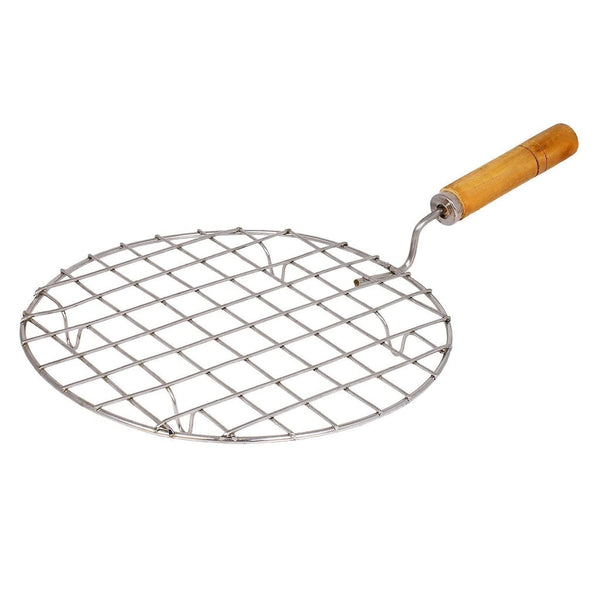 2085 Kitchen Round Stainless Steel Roaster Papad Jali, Barbecue Grill with Wooden Handle DeoDap