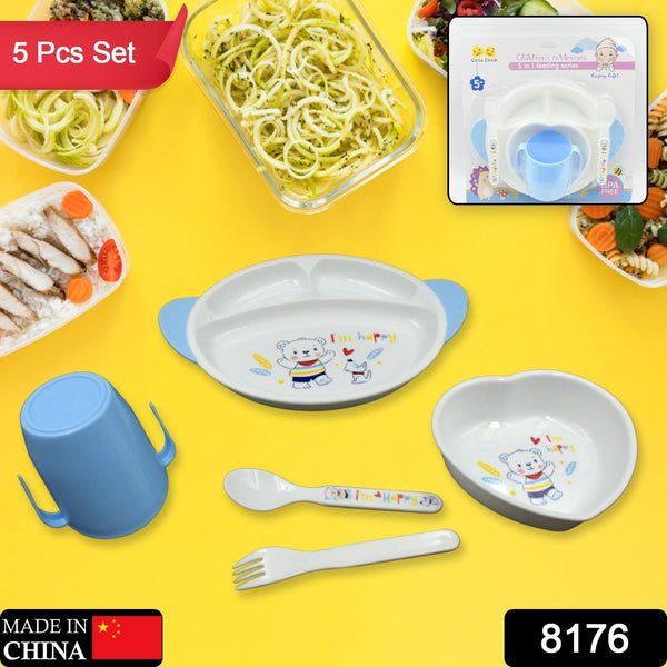 8176 5in1 Baby Feeding Set for Kids and Toddlers,Children Children Dinnerware Set - Feeding Set for Kids, Cartoon Design Plate, Cup, Spoon, Fork  Tableware Cutlery for Kids Microwave & Dishwasher Safe (5 Pcs Set)