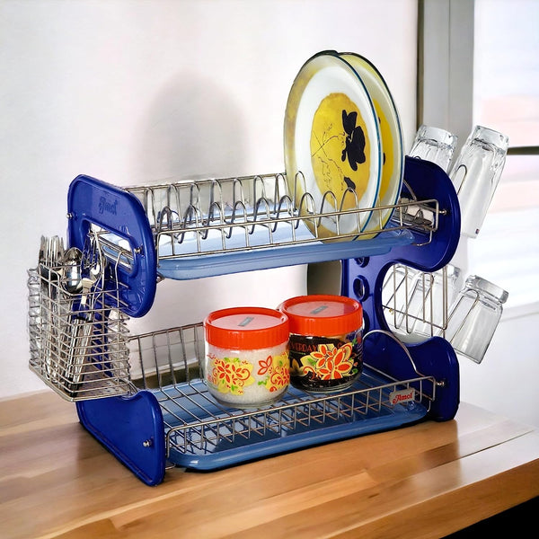 7791 STAINLESS STEEL DRAIN BOWL STORAGE RACK HOLDER PLATE DISH CUTLERY CUP RACK WITH TRAY KITCHEN SHELF STAND